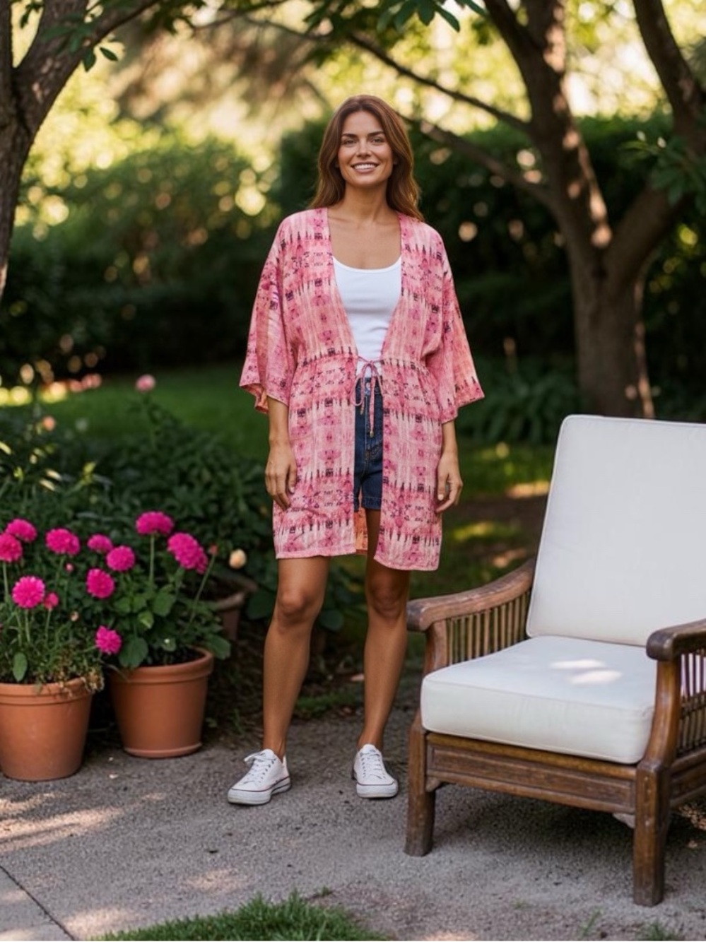 Ambernoon 11 oversized Swim Cover-Up Kimono sz Small pink abstract color